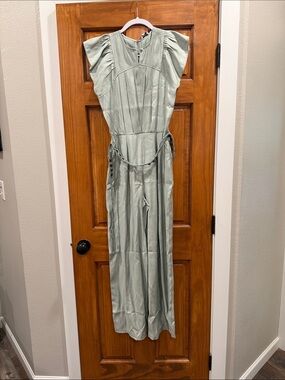 Current Air Sage Green Flutter-Sleeve Jumpsuit with Chain Detail